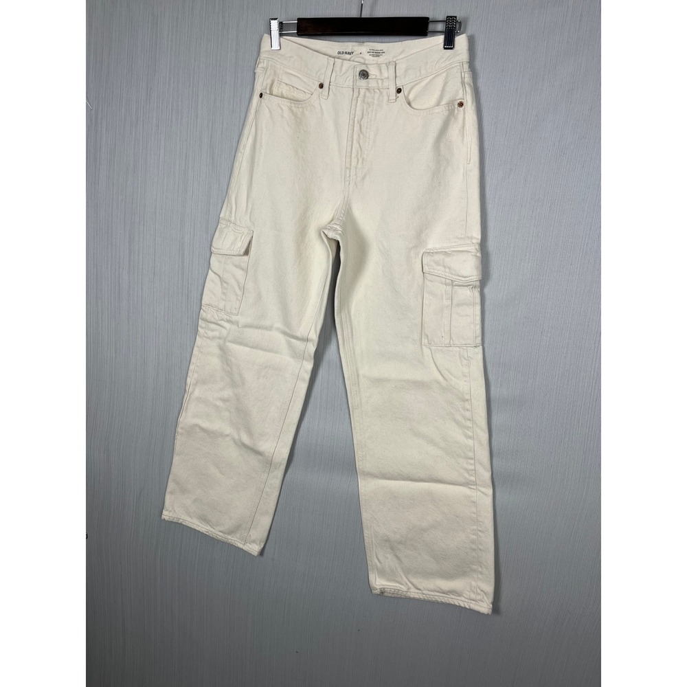 Old Navy Cargo Pants Womens 4 Cream Sky-Hi Wide Leg Extra High Rise Utility GUC